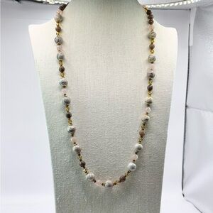 Shades of Brown and Pink Beaded Morganite, Polychrome Jasper, and Glass Necklace